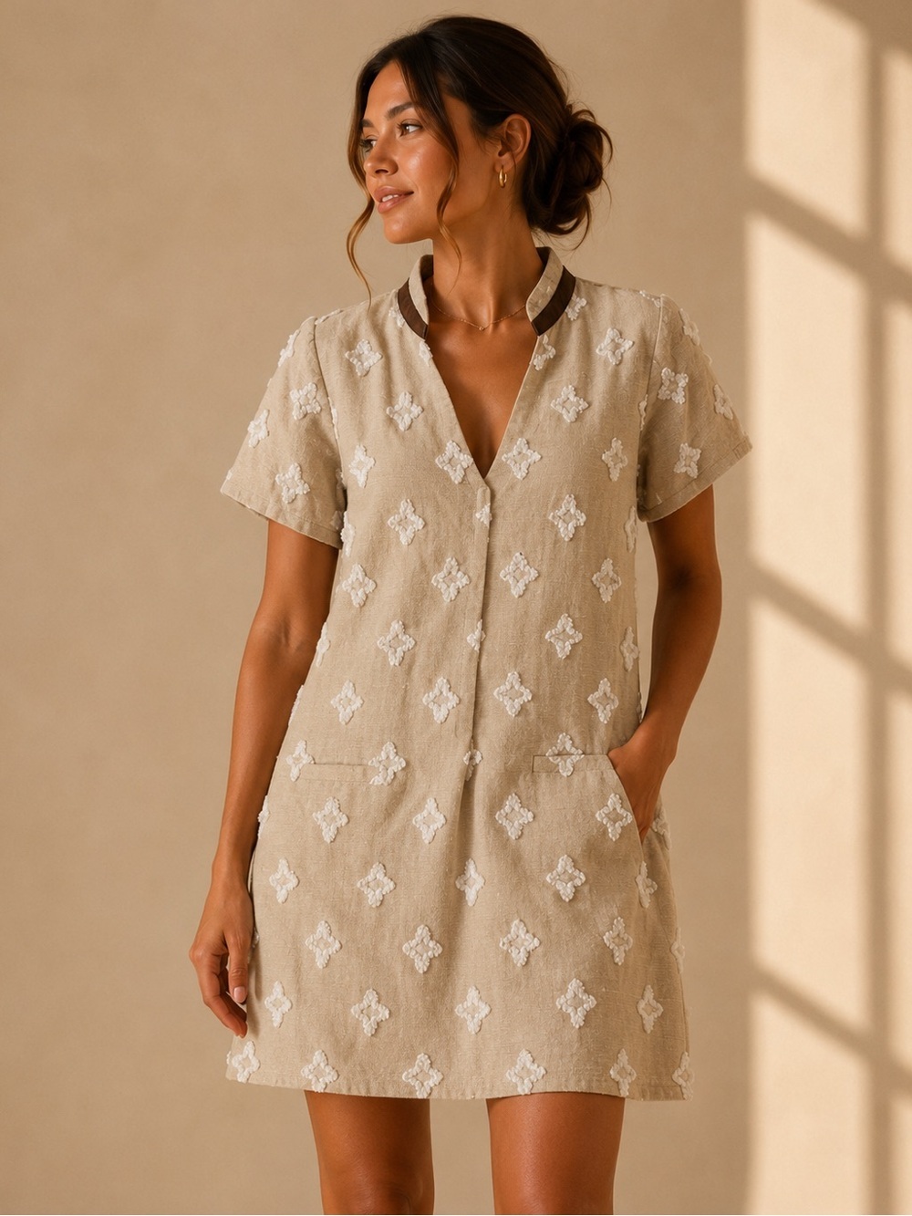 THML Textured Embroidered Shift Dress Faux Leather Collar Boutique Small